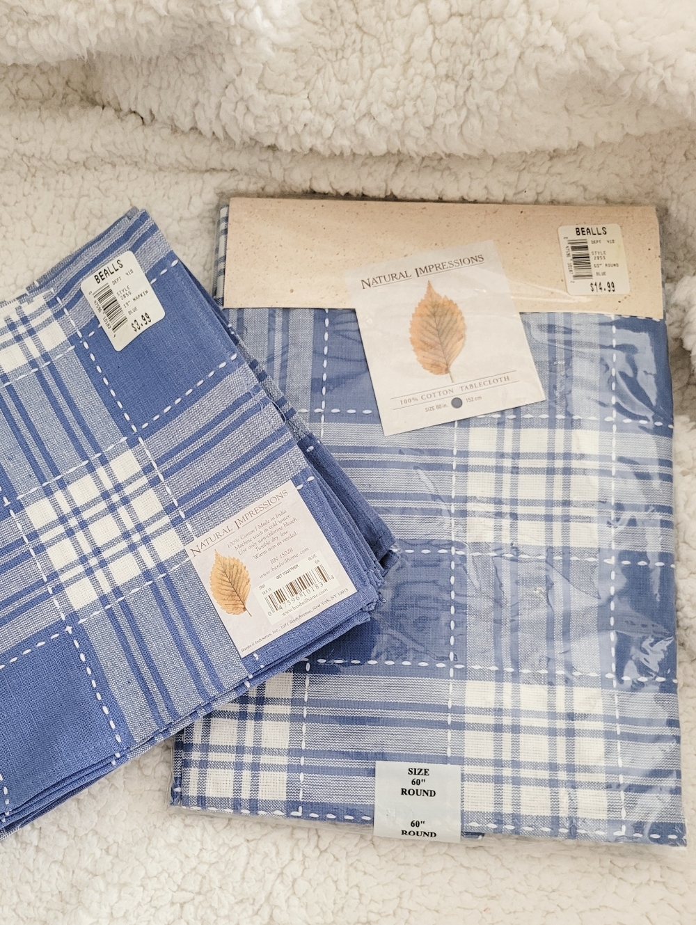 Natural Impressions Blue Plaid Table Linens - 6 Napkins And 60" Round Tablecloth